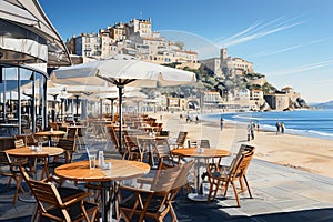 Mediterranean sea view cafe terrace, perfect for relaxing holiday photo