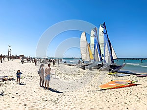 Mediterranean Sea. Yacht catamarans on the La-la land Gordon beach. Tel Aviv, Israel