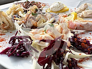 Mediterranean seafood platter with fresh squid, prawns, and cabbage garnish