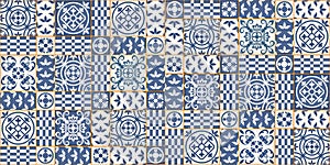 Mediterranean seamless patchwork pattern from dark blue and white Moroccan tiles, Azulejos ornaments. Can be used for