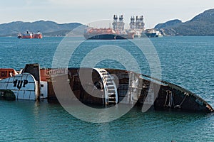 Mediterranean sky shipwreck formerly known as City of York sunken and abandoned at the bay of Eleusina, Attica, Greece