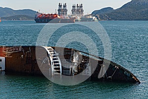 Mediterranean sky shipwreck formerly known as City of York sunken and abandoned at the bay of Eleusina, Attica, Greece