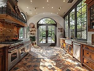 Mediterranean-style kitchen with terracotta tiles and iron accents