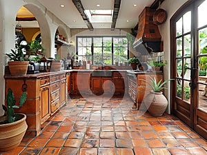 Mediterranean-style kitchen with terracotta tiles and iron accents