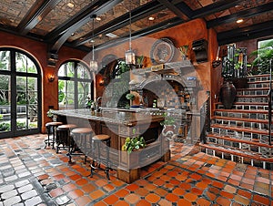 Mediterranean-style kitchen with terracotta tiles and iron accents