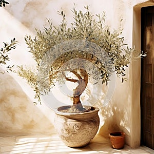 Mediterranean Style Olive Tree Pot. Generative AI