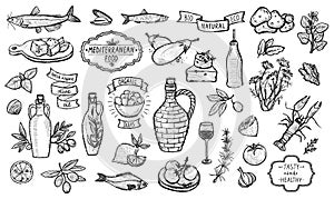 Mediterranean traditional food collection, graphic vector illustration