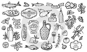 Mediterranean traditional food collection, graphic vector illustration photo