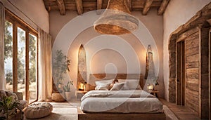 A Mediterranean villa bedroom with neon lights enhancing the warm and rustic