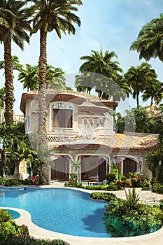 Mediterranean villa with palm trees and pool, Ai generated