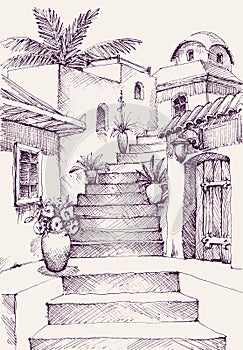 Mediterranean village hand drawing