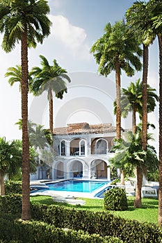 Mediterranean white villa with palm trees and pool, Ai generated