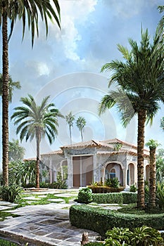 Mediterranean white villa with palm trees and pool, Ai generated