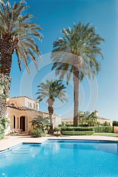 Mediterranean white villa with palm trees and pool, Ai generated