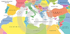 Mediterranean Basin, political map with different colored countries