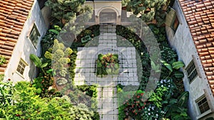 A Mediterraneaninspired garden blueprint with a central courtyard stone pathways and lush greenery.