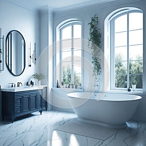 Mediterranian Interior Design Of Bathroom With Decorative Wall And Bathtub, large Panoramic Window With View, Generative AI