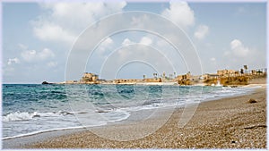 The Mediterranian  sea and coastal panorama in Caesarea, Israel photo