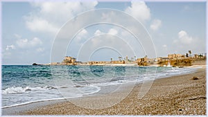 The Mediterranian  sea and coastal panorama in Caesarea, Israel