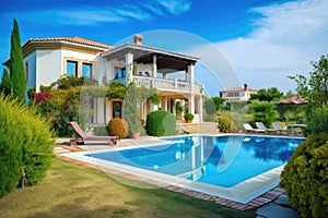 mediterrean house exterior with swimming pool and landscaped garden