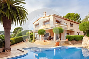 mediterrean house exterior with swimming pool and landscaped garden