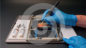 Medium frame showing the careful inspection of a laptop battery compartment housing a lithiumion cell with specialized