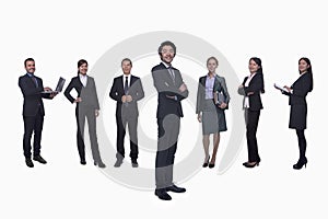 Medium group of business people in a row, portrait, full length, studio shot