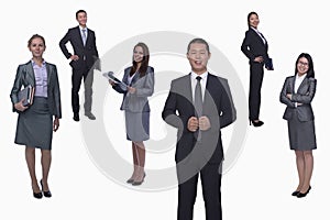 Medium group of smiling business people, portrait, full length, studio shot photo