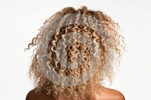 Medium Length Blonde Afro Curls , Rear View On White Background. Generative AI