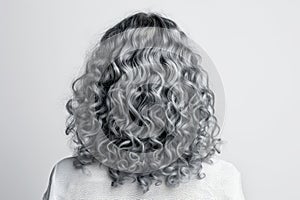 Medium Length Gray Curly Hair , Rear View On White Background. Generative AI