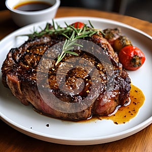 Medium rare Ribeye Steak with truffle butter and herbs, garnished with rosemary spig, served with baked cherry tomatoes on white