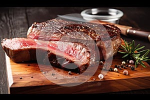 Medium rare ribeye steak on a wooden board. Generative AI
