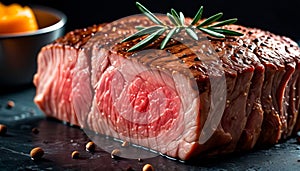Medium-Rare Steak with Rosemary on Black Cutting Board. Generative  AI