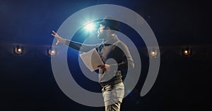 Actor performing a monologue in a theater