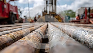 Medium shot capturing horizontal well corridor inside drilling site focusing on the drill pipes forward section with the