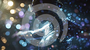 Medium shot capturing a motioncapture performer in sharp detail surrounded by streaming avatar visuals fading into bokeh