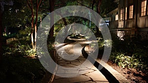 Medium shot capturing subtle landscape lighting along a winding pathway integrating lowlevel lights with surrounding