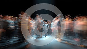 Medium shot capturing the VR talkshow moderator engaging viewers main figure crisp and clear surrounded by dynamically