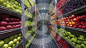 Medium shot of climatecontrolled fruit storage rooms with precise temperature regulation maintaining quality and