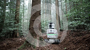 Medium shot displaying a remotecontrolled robotic tree planter operating autonomously in a dense forest clearing