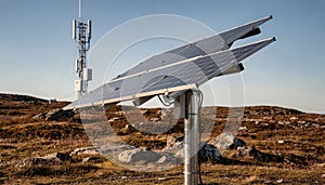 Medium shot focusing on polemounted solar panels with a transmitter in the background showcasing offgrid hybrid energy