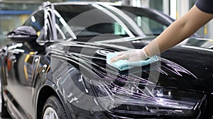 Medium shot of glossy highgloss ceramic coating being spread across a vehicles surface highlighting the reflective