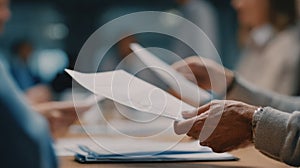 Medium shot highlighting hands exchanging dataprivacy documents in a meeting capturing detailed content with the