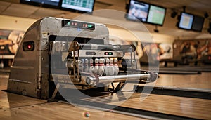 Medium shot of a nextgeneration energyefficient pinsetter retrofitted into a classic bowling alley main unit sharp with