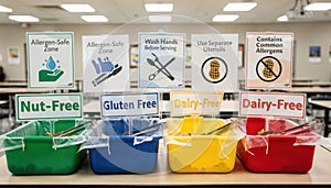 Medium shot of a nutfree allergensafe distribution table with vibrant colorcoded bins and clear signage emphasizing safe