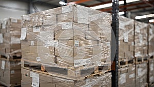 Medium shot of palletized books wrapped in clear shrinkwrap on warehouse racks with focused labels blurred background