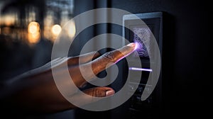 Medium shot of a professional using a fingerprint scanner to unlock a secure staffonly door showcasing advanced