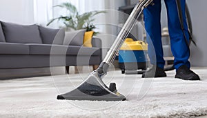Medium shot of a professional using hot water extraction on a carpet lifting deepseated dirt and grime efficiently for a