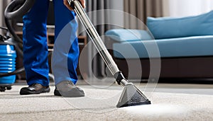 Medium shot of a professional using hot water extraction on a carpet lifting deepseated dirt and grime efficiently for a