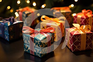 medium-shot of teeny gift boxes with geometrical festive patterns